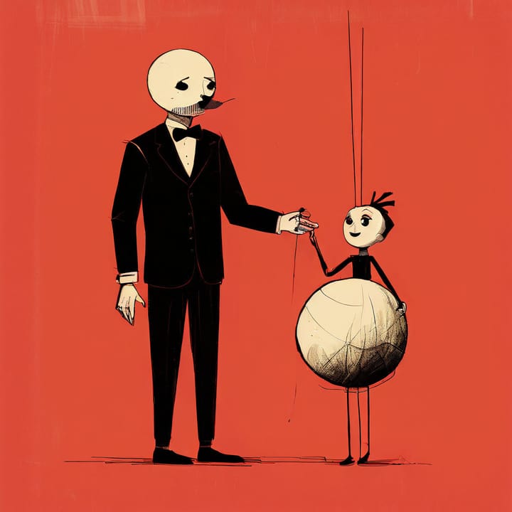 Un homme en costume avec une poupée en forme de petit garçon