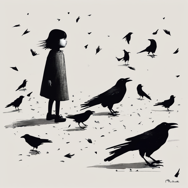 Une petite fille regardant on ne sait trop où entourée de corbeaux