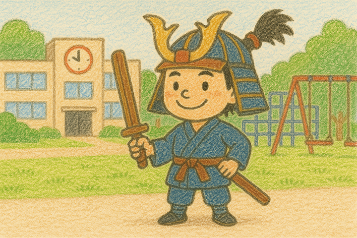 Ankizilahikely mitsiky miakanjo toy ny samoray mitana sabatra hazo eo an-tokotanina sekoly